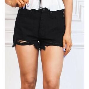 KANCAN HIGH RISE DISTRESSED DENIM SHORTS: BLACK SIZE SMALL